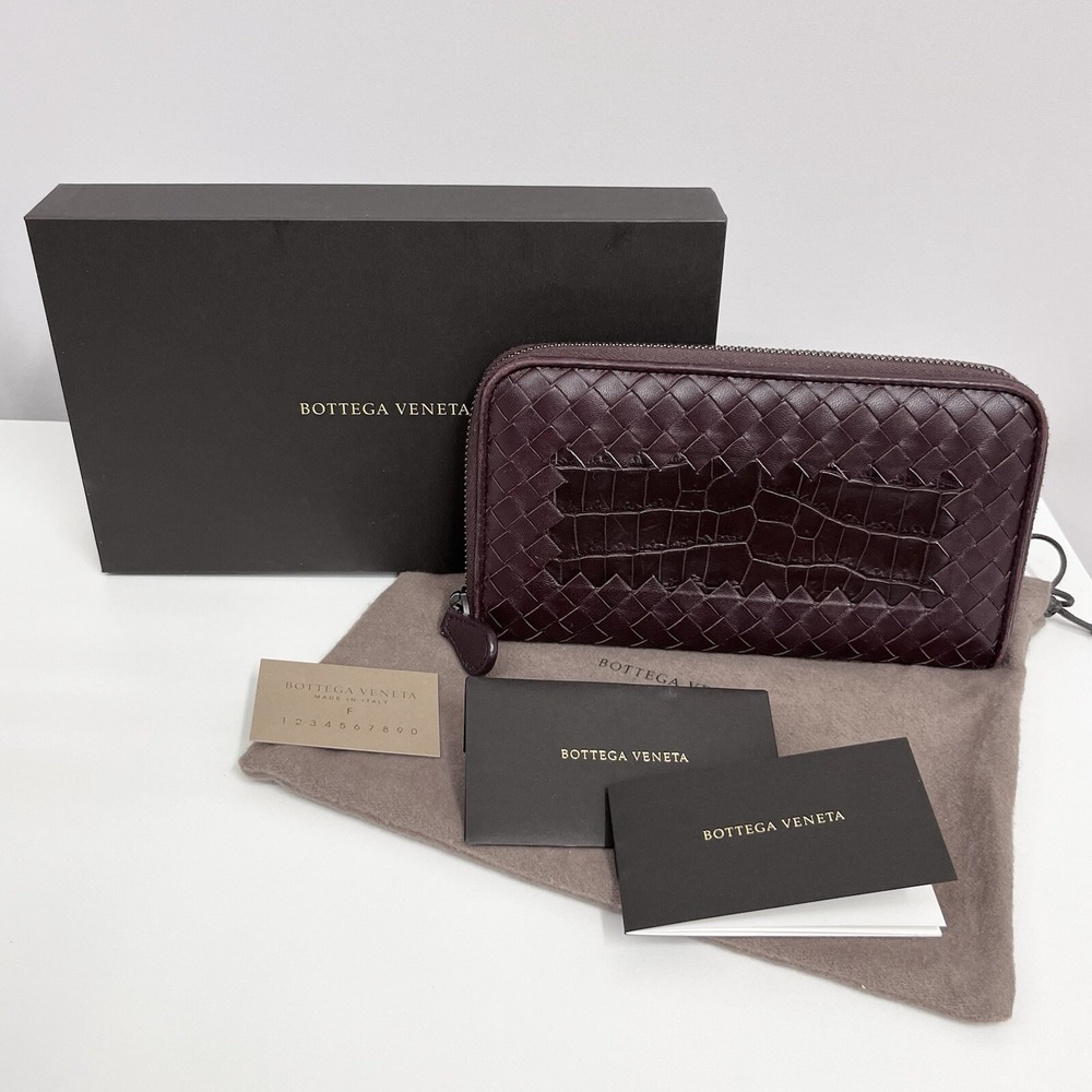 Bottega Veneta Woven Leather & Alligator Zip Around Wallet Brown Sleeper Bag Box